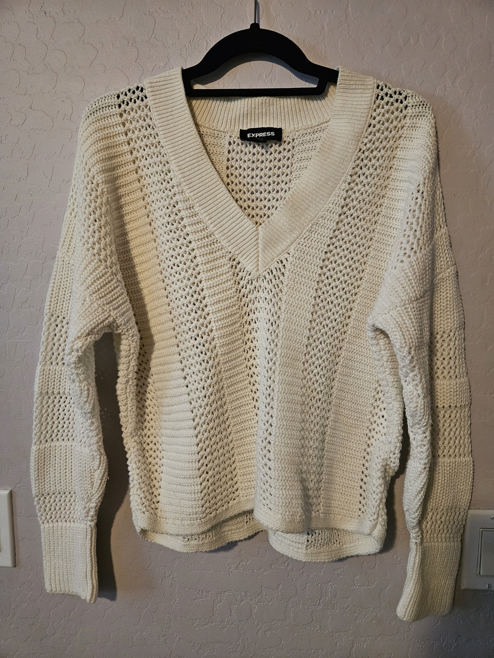 Express White Open-Knit V-Neck Sweater